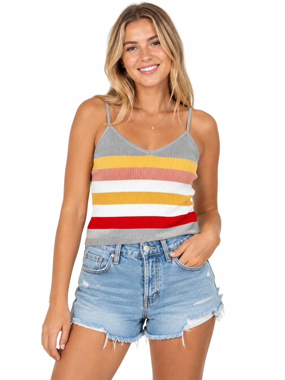 Women’s Sweater Knit V Neck spaghetti Strap Tank Top in Multicolored Stripe Sz S